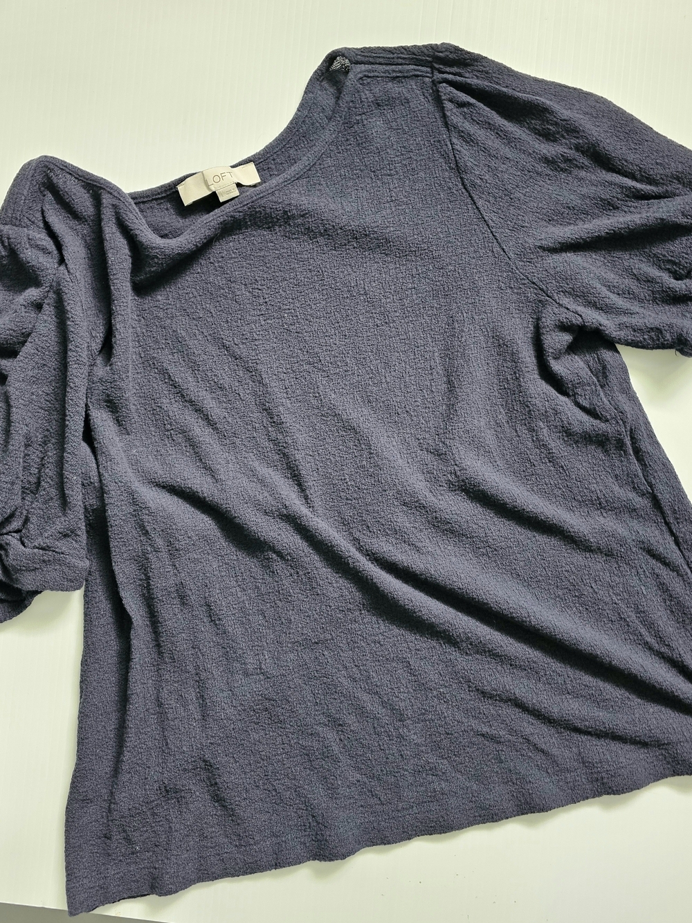 LOFT Navy Blue Textured Puff Sleeve Cotton Top Size L